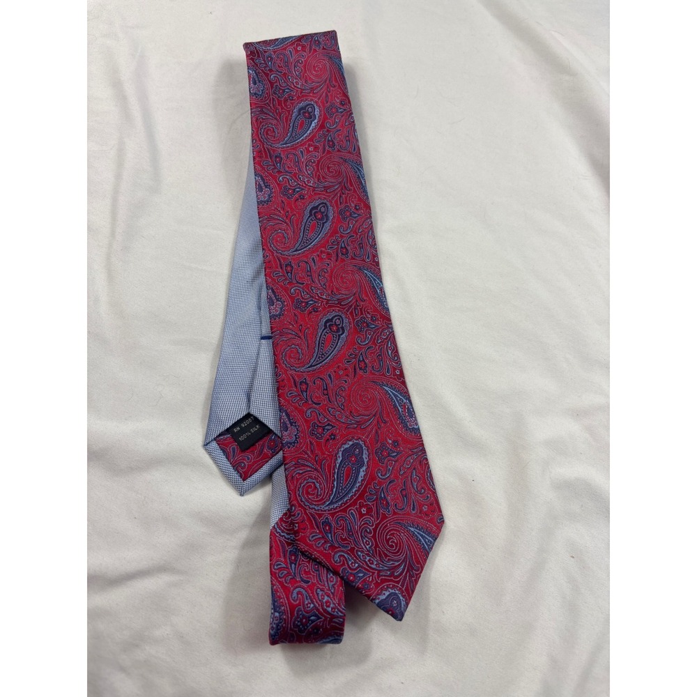 Saks Fifth Avenue BLACK Red Blue Paisley 100% Silk Men's Necktie RN 92087